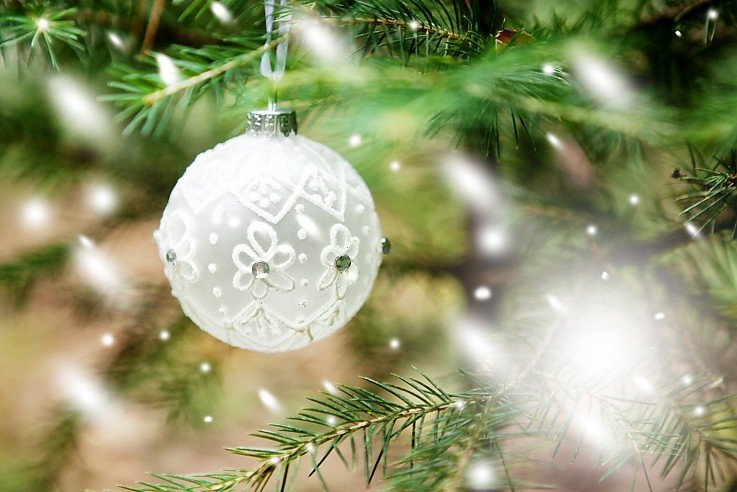 Festliche Weihnachtsdeko: wei�e Kugel h�ngt an Zweig eines Tannenbaums