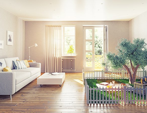 Helles Wohnzimmer mit Holzboden, Sofa und gro�er Terrassent�r - Immobilien kaufen in Schongau und der Region Oberbayern