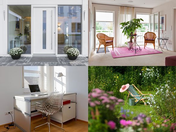 Immobilien-Collage mit Hauseingang, hellem Wohnzimmer, modernem Homeoffice und gepflegtem Garten - Immobilien kaufen und verkaufen in Schongau